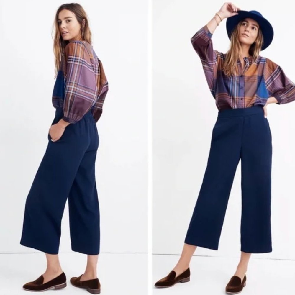 Madewell Huston Wide Leg Cropped High Rise Pull On Crepe Pants Navy Blue size s